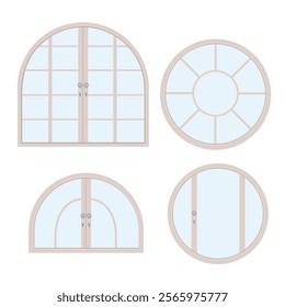 Houses and apartments windows types. Exterior and interior design, home renovation architecture .Set of wooden or plastic frames. Arched and semicircle