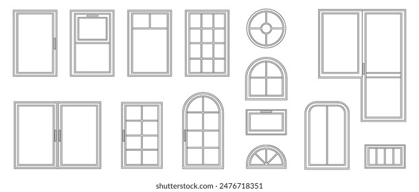 Houses and apartments windows types. Vector isolated set of wooden or plastic frames. Arched and square, balcony and small oval. Exterior and interior design, home renovation architecture set