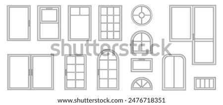 Houses and apartments windows types. Vector isolated set of wooden or plastic frames. Arched and square, balcony and small oval. Exterior and interior design, home renovation architecture set