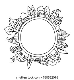 The houses around planet Earth. Hand drawn picture. Sketch for anti-stress adult coloring book in zen-tangle style. Vector illustration  for coloring page.