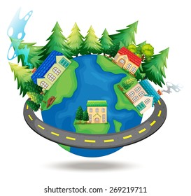 Houses around the world and pine trees