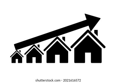 Houses with arrow up, house prices rising concept, high demand for real estate, housing boom, property market growing - stock vector