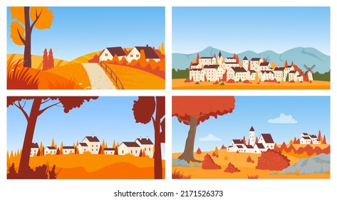 Houses in autumn town or village landscape, Scandinavian neighbourhood vector illustration set. Cartoon cute house cottages and gardens, park and road on hills, European residential area background