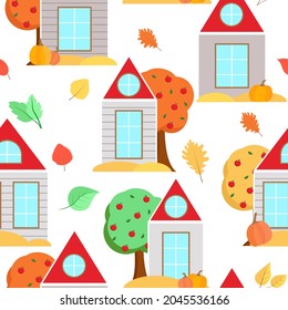 Houses with autumn trees, leaves and pumpkins. Autumn background. Colored bright leaves fall, colorful wooden huts. Template for fabric, wallpaper, packaging and substrate vector illustration.