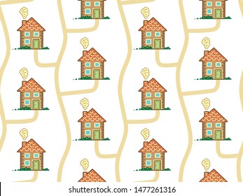 Houses background. Seamless pattern. Group of buildings on the street. Real estate concept.