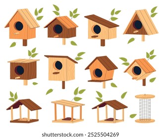 Houses for birds. Feeders and houses for birds. Homemade wooden nests. Beautiful birdhouses on a tree. Vector illustration