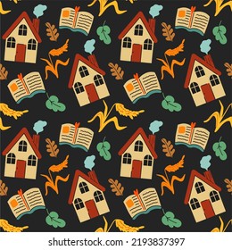 Houses, books, an ear of wheat and leaves. Scandinavian style. Hand drawn trendy vector seamless pattern. Pink background.