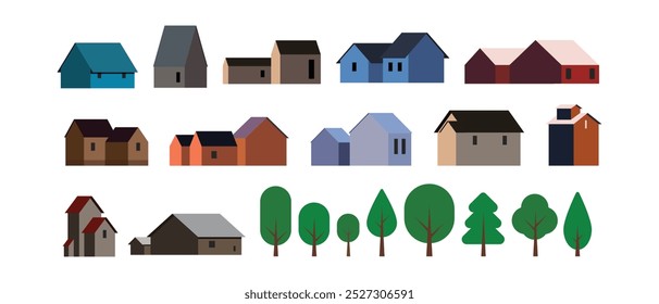 Häuser und Gebäude-Set, Flache farbige Stadtgebäude, Gebäude- und Stadthaus-Illustration, geometrische minimale flache Vektorgrafik