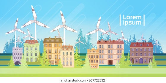 Houses Building With Wind Turbine Eco Real Estate Energy Efficient Flat Vector Illustration