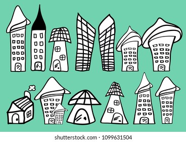 Houses and buildings cartoon icon vector illustration, Home hand drawn in Black and white, Sketch Portrait outline