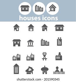 houses, buildings, city, urban, factory icons, signs set, vector