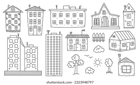 Juego de doodles de casas y edificios. Colección de elementos de la ciudad y el pueblo de la línea negra dibujada a mano. Árbol, sol, nube, pájaros. Ilustración del vector