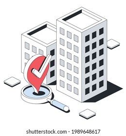 Houses buildings geolocation, search magnifier, pin map label. Vector 3d line isometric, color web icons, new flat style. Creative design idea for infographics.