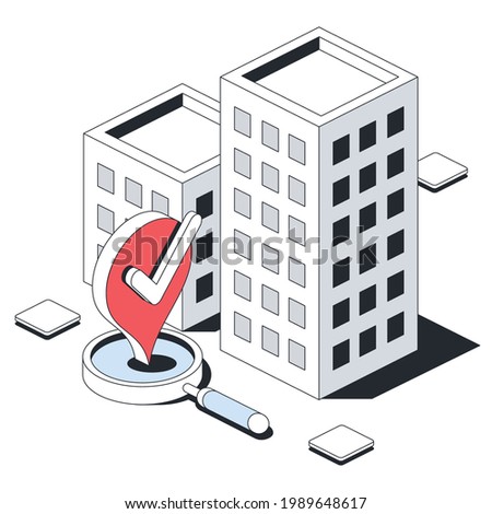 Houses buildings geolocation, search magnifier, pin map label. Vector 3d line isometric, color web icons, new flat style. Creative design idea for infographics.