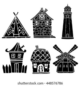 Houses, buildings hand drawn black set isolated on white background