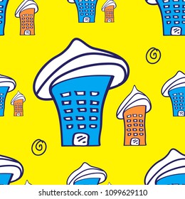 Houses and buildings seamless pattern vector illustration for for fabric, cloth, package, wall, decoration, furniture, printing media. Blue and yellow color background design. houses icon