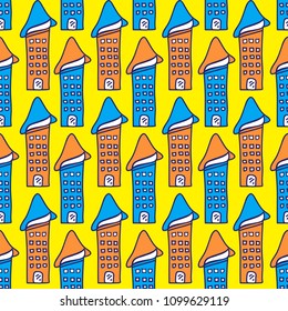 Houses and buildings seamless pattern vector illustration for for fabric, cloth, package, wall, decoration, furniture, printing media. Blue and yellow color background design. houses icon