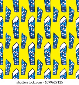 Houses and buildings seamless pattern vector illustration for for fabric, cloth, package, wall, decoration, furniture, printing media. Blue and yellow color background design. houses icon