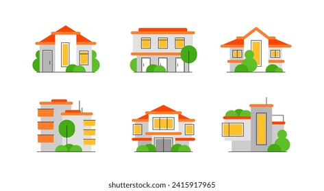 Houses and buildings. Set of flat and line art illustration. Vector file.