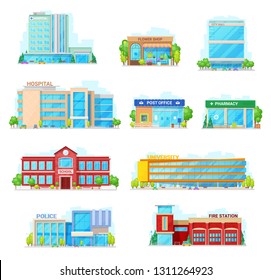 Houses and buildings vector icons. Isolated hospital, flower shop or city hall and post office or pharmacy, municipal school building and university or police and fire station