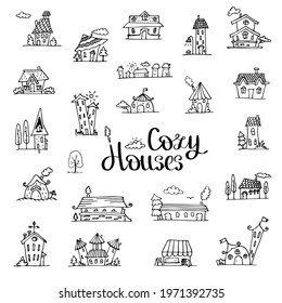 Houses buldings collection. Doodle vector illustration set of objects black and white on white background