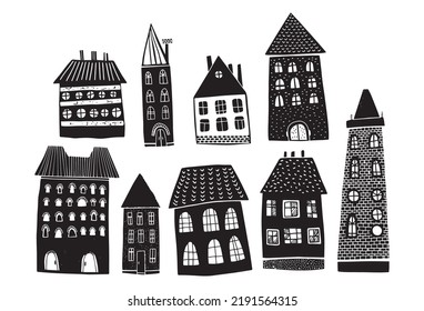 Houses bundle linocut style, black and white illustrations