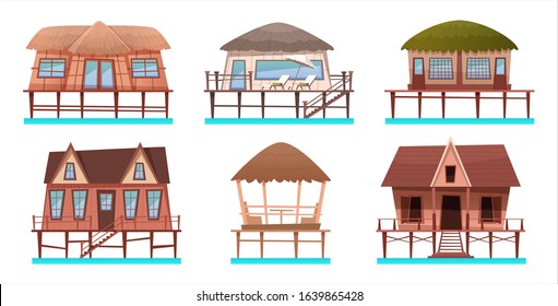 Houses and bungalow collection on the water. Cartoon set of hotels and resort houses for tropical hotels on sea shore