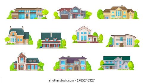 Houses, bungalow cottages and real estate buildings, vector icons. Private houses and residential architecture village, loft mansions and condominiums, family townhouse and home duplex apartments