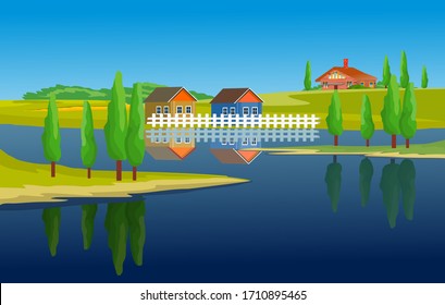 Houses by the river, farmland in the countryside landscape, vector