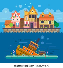 Houses By The Sea. Embankment. Houses. Underwater World. Sunken Ship. Vector Flat Illustration