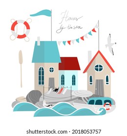 
houses by the sea set on the white background