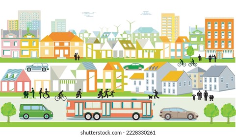 Houses with cars in the city, panoramic illustration