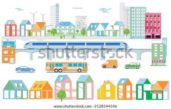 Houses cars and fast\
train, illustration,