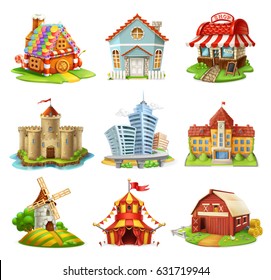 Houses and castles. Buildings 3d vector icons set