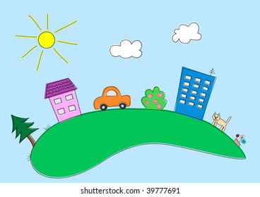 Houses, cat, car, trees, flowers, the sun and clouds in happy cartoon town