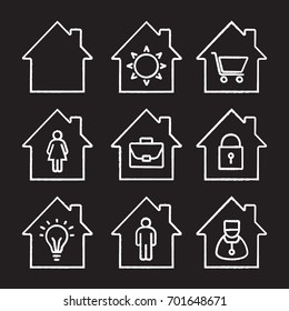 Houses chalk icons set. Home buildings with sun, shopping cart, man and woman, doctor, lock, briefcase, lightbulb inside. Isolated vector chalkboard illustrations