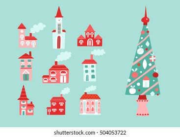 Houses and christmas tree