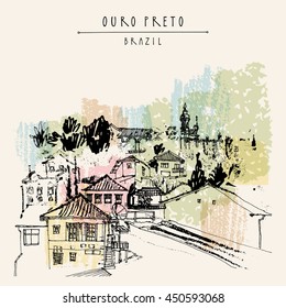 Houses and churches on the hills of Ouro Preto gorgeous town, Minas Gerais state, Brazil, South America. Vintage hand drawn postcard, book illustration or poster template in vector