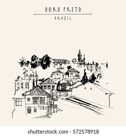 Houses and churches on the hills of Ouro Preto gorgeous town, Minas Gerais state, Brazil, South America. Vintage hand drawn postcard, book illustration or poster in vector