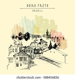 Houses and churches on the hills of Ouro Preto gorgeous town, Minas Gerais state, Brazil, South America. Vintage hand drawn postcard, book illustration or poster in vector