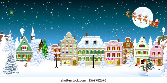 Houses, city, church, spruce. Winter city landscape. Christmas Eve night. Starry night sky. Santa Claus on a sleigh with deers on the background of the moon. Snowman.