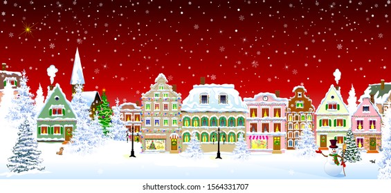 Houses, city, church, trees. Winter city landscape. Christmas Eve night. Snowflakes in the night sky. Christmas winter night scene. 