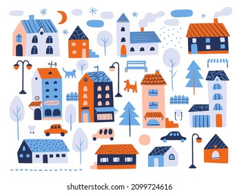 Houses city elements. Tiny cozy homes, park and street objects. Small funny residential buildings. Cars on roads. Outdoor benches. Trees and fences. Cats and dogs. Vector