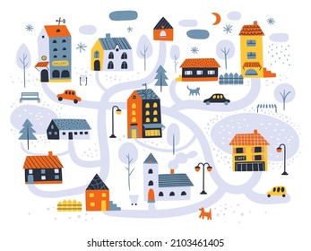 Houses city map. Winter streets scheme, tiny funny buildings with roads, parks and city elements, walking animals and trees, childish doodle abstract vector cartoon