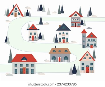 Houses city map. Winter streets scheme, tiny funny buildings with road, trees and snowdrifts, childish doodle abstract vector cartoon