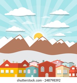 Houses - City Mountain Vector Flat Design Illustration