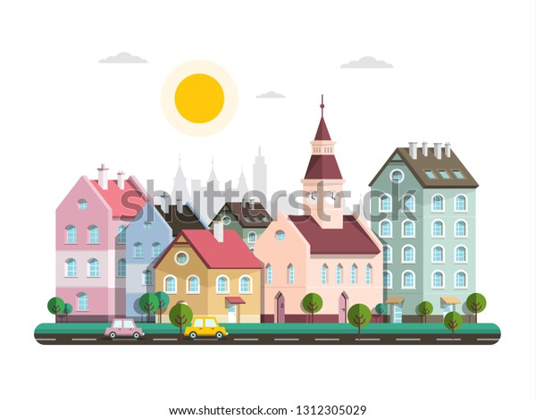 Houses in City. Vector\
Flat Design Architecture Buildings in Town. Sunny Day - Urban\
Landscape Cartoon.