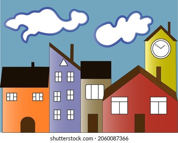 Houses clouds sky in modern style on background. Travel concept. Vector illustration in simple minimal geometric flat style - city landscape with buildings.EPS10