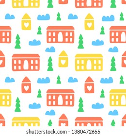 Houses, clouds and trees cute seamless pattern. Print for kids. Vector hand drawn illustration