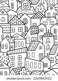 Houses coloring. Doodle vector seamless pattern with various houses isolated on a white background. 